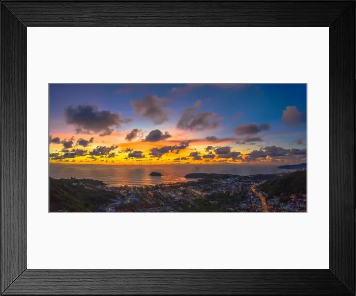 Framed Print : aerial panorama sunrise at Kata beach close to Karon beach in the middle of two beach has Pu island Framed Print : aerial panorama sunrise at Kata beach close to Karon beach in the middle of two beach has Pu island