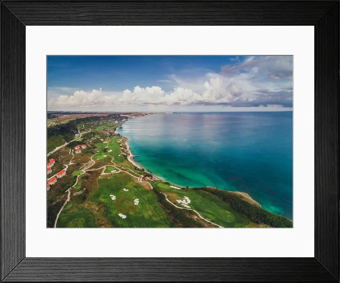 Framed Print : Aerial panoramic view of a golf course next to the cliffs and Black sea. Golfing fields landscape Framed Print : Aerial panoramic view of a golf course next to the cliffs and Black sea. Golfing fields landscape