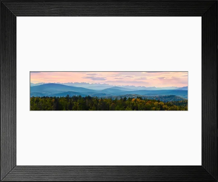 Framed Print : Wide angle panorama autumn forest, misty hills mountain tops in pink dawn Framed Print : Wide angle panorama autumn forest, misty hills mountain tops in pink dawn
