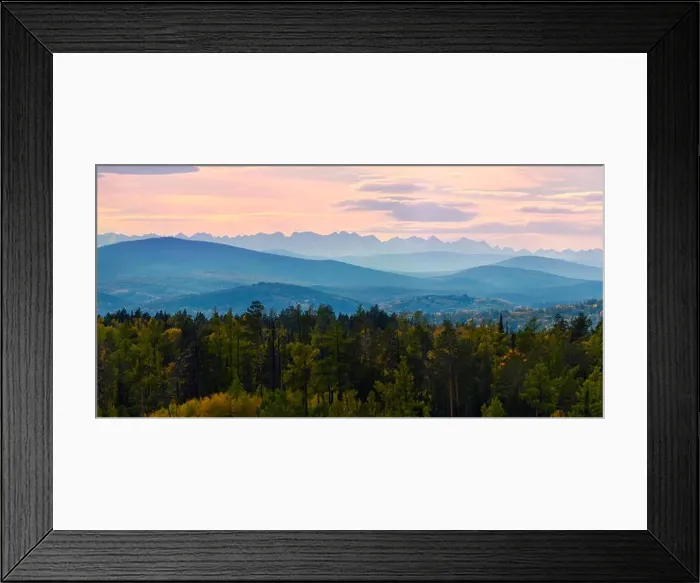 Framed Print : Wide angle panorama autumn forest, misty hills mountain tops in pink dawn Framed Print : Wide angle panorama autumn forest, misty hills mountain tops in pink dawn