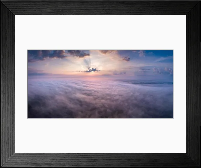 Framed Print : Beautiful foggy sunrise panoramic landscape from drone. Magical sunrise over the clouds Framed Print : Beautiful foggy sunrise panoramic landscape from drone. Magical sunrise over the clouds