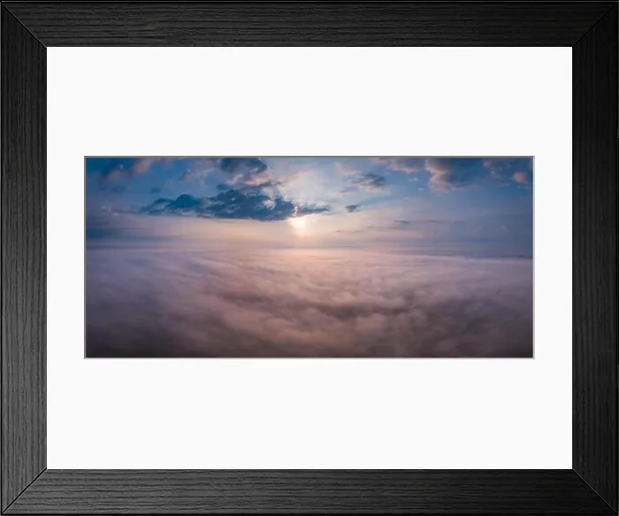 Framed Print : Beautiful foggy sunrise panoramic landscape from drone. Magical sunrise over the clouds