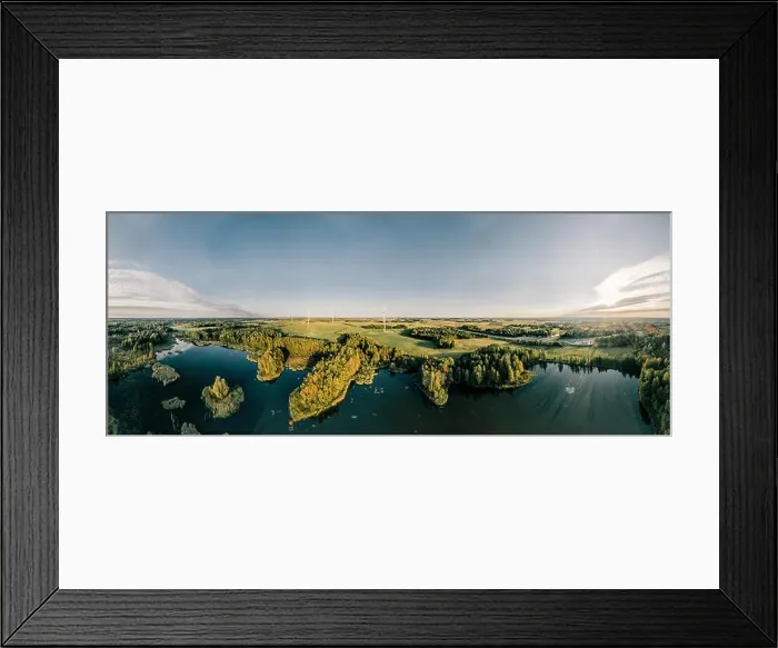 Framed Print : Blue Lake Green field and forest nature in Lithuania