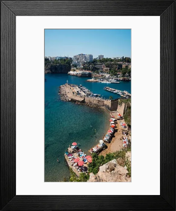 Framed Print : Antalya, Turkey - April 22, 2018: Small beach from top and panoramic shot of the rocks and buildings Framed Print : Antalya, Turkey - April 22, 2018: Small beach from top and panoramic shot of the rocks and buildings