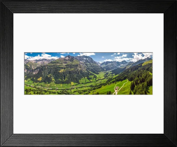 Framed Print : Aerial view of Elm village and Swiss mountains - Piz Segnas Framed Print : Aerial view of Elm village and Swiss mountains - Piz Segnas