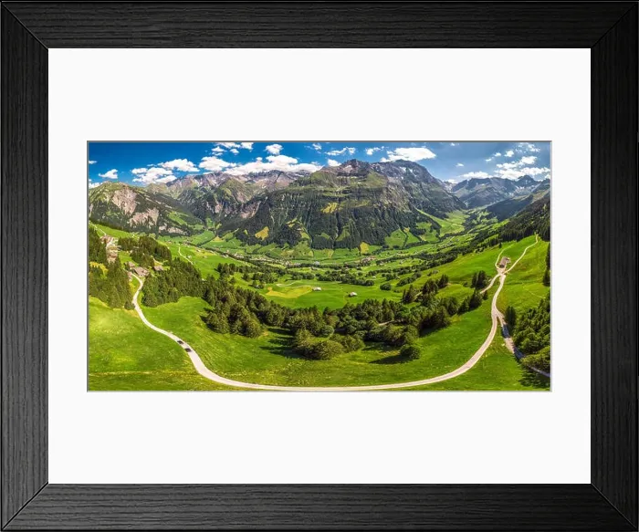 Framed Print : Aerial view of Elm village and Swiss mountains - Piz Segnas Framed Print : Aerial view of Elm village and Swiss mountains - Piz Segnas