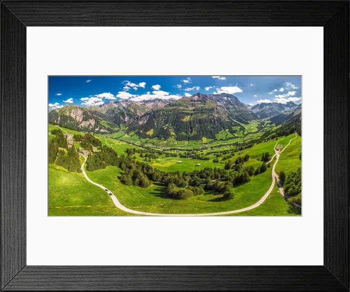 Framed Print : Aerial view of Elm village and Swiss mountains - Piz Segnas Framed Print : Aerial view of Elm village and Swiss mountains - Piz Segnas