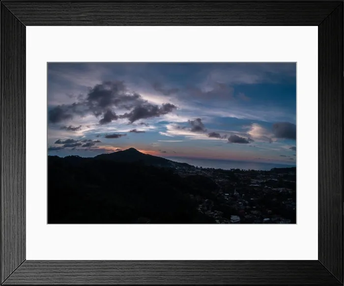 Framed Print : Aerial drone view of beautiful sunset on the island with sea in the background Framed Print : Aerial drone view of beautiful sunset on the island with sea in the background