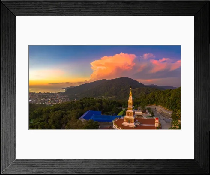 Framed Print : aerial view panorama scenery sunset above pagoda in Doi Thepnimit temple Patong Framed Print : aerial view panorama scenery sunset above pagoda in Doi Thepnimit temple Patong