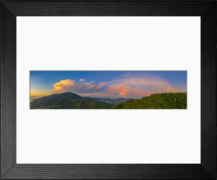 Framed Print : aerial view scenery sunset red cloud in blue sky above Patong mountain Framed Print : aerial view scenery sunset red cloud in blue sky above Patong mountain