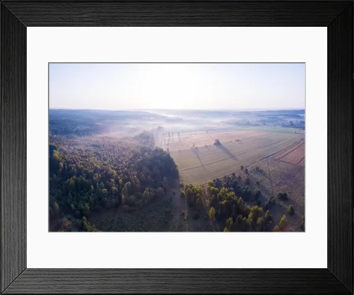 Framed Print : Beautiful foggy polish landscape photographed from drone. Drone view landscape