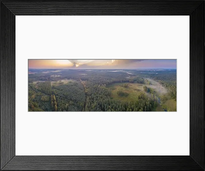 Framed Print : Beautiful misty evening panoramic landscape photographed from drone. Magical atmosphere Framed Print : Beautiful misty evening panoramic landscape photographed from drone. Magical atmosphere