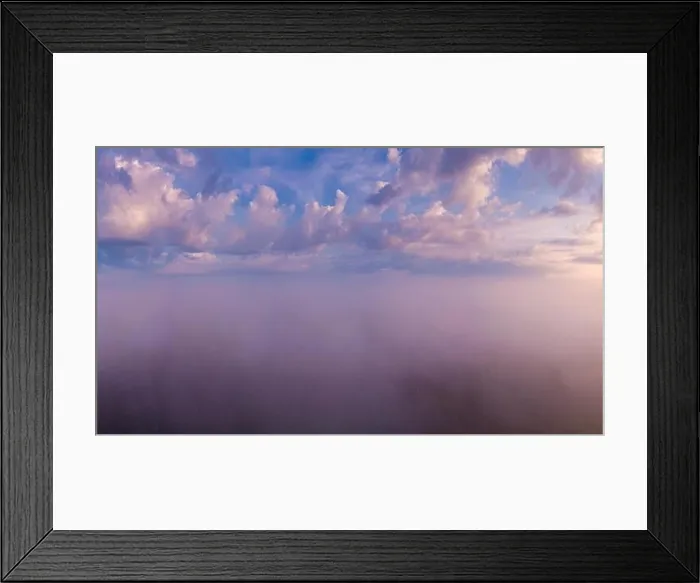 Framed Print : Beautiful foggy sunrise landscape from drone. Magical sunrise over the clouds Framed Print : Beautiful foggy sunrise landscape from drone. Magical sunrise over the clouds