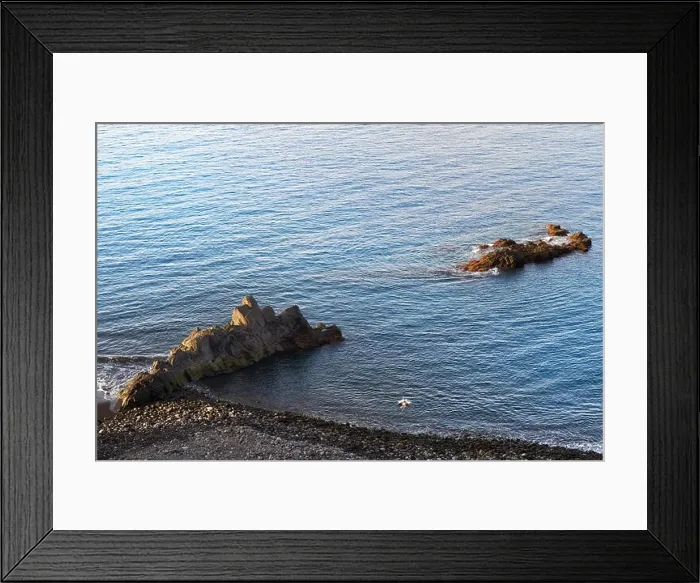 Framed Print : One person is swimming in the blue water of Atlantic ocean. Black sand beach Praia Formosa on Madeira island, Portugal Framed Print : One person is swimming in the blue water of Atlantic ocean. Black sand beach Praia Formosa on Madeira island, Portugal