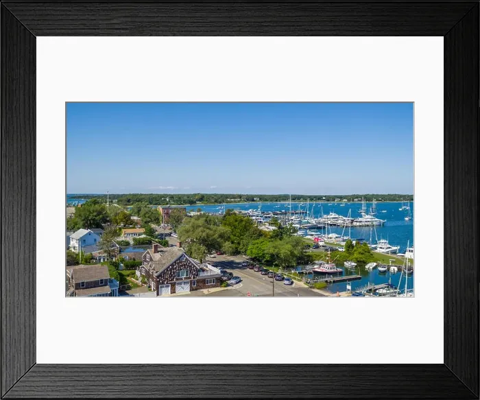 Framed Print : Aerial view of a portion of bay street and marina in Sag Harbor, NY