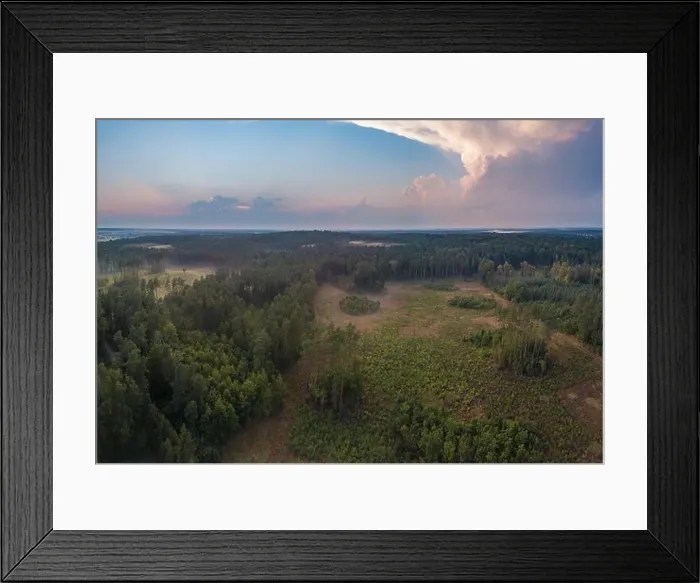 Framed Print : Beautiful misty evening panoramic landscape photographed from drone. Magical atmosphere