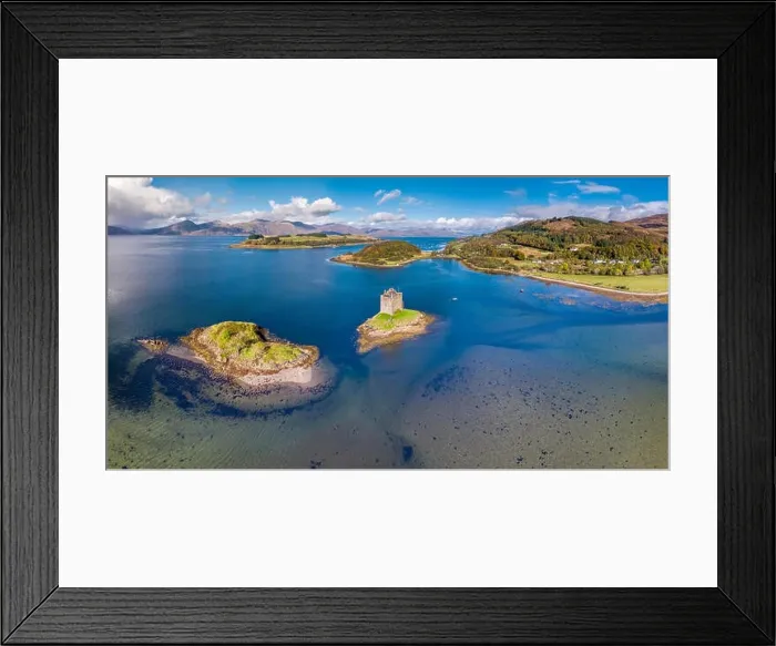 Framed Print : Aerial of the historic castle Stalker in Argyll in autumn, Scotland - United Kingdom Framed Print : Aerial of the historic castle Stalker in Argyll in autumn, Scotland - United Kingdom