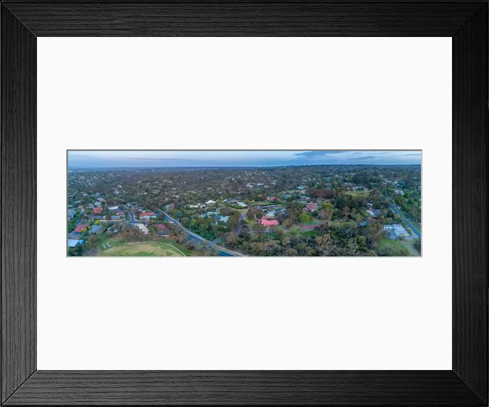 Framed Print : Wide aerial panorama of Frankston South suburb at dusk. Melbourne, Victoria, Australia Framed Print : Wide aerial panorama of Frankston South suburb at dusk. Melbourne, Victoria, Australia