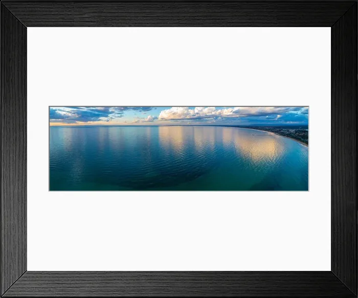 Framed Print : Mornington Peninsula coastline and Port Phillip Bay at sunset with beautiful cloud reflections - wide aerial panorama Framed Print : Mornington Peninsula coastline and Port Phillip Bay at sunset with beautiful cloud reflections - wide aerial panorama