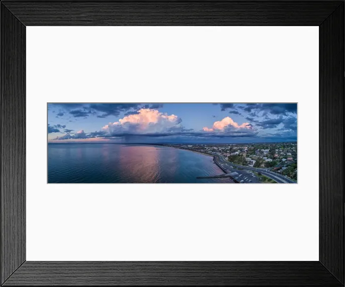 Framed Print : Frankston coastline with stormy clouds and rain - wide aerial panoramic landscape Framed Print : Frankston coastline with stormy clouds and rain - wide aerial panoramic landscape