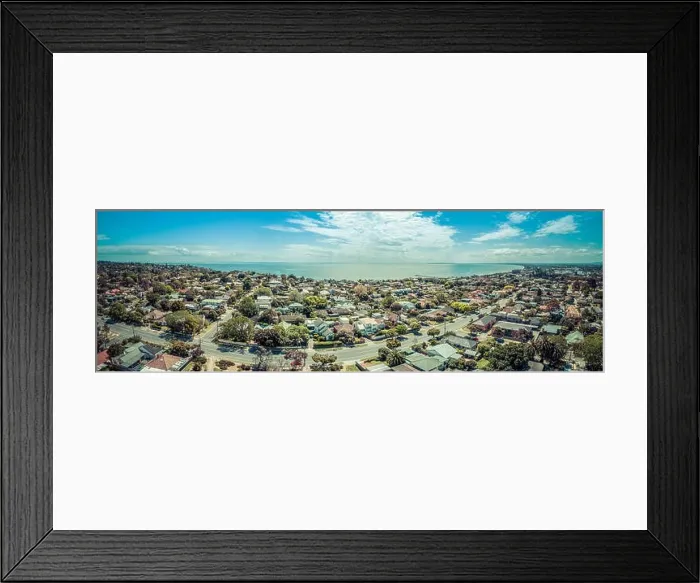 Framed Print : Aerial panorama of Frankston suburb and Mornington Peninsula coastline on hot sunny day Framed Print : Aerial panorama of Frankston suburb and Mornington Peninsula coastline on hot sunny day