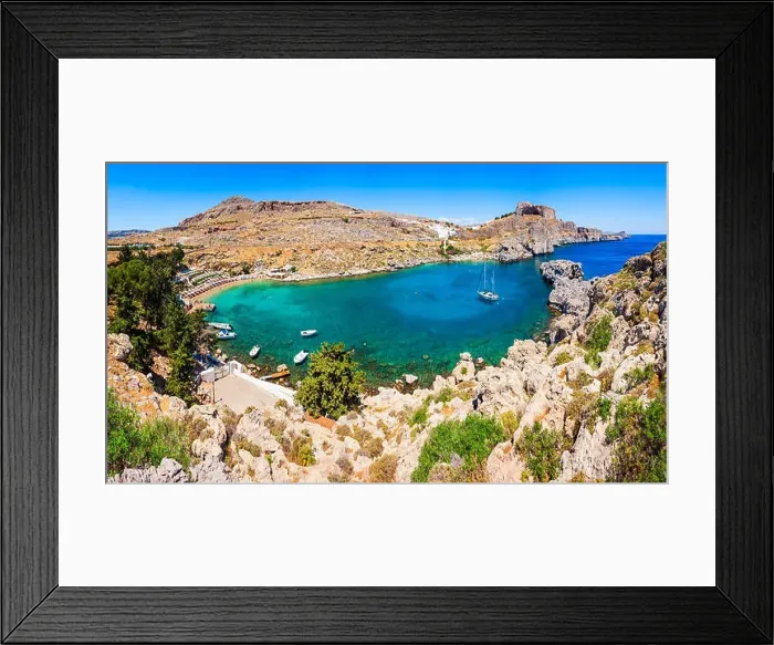 Framed Print : Saint Paul's Beach and Lindos Acropolis aerial panoramic view in Rhodes island in Greece Framed Print : Saint Paul's Beach and Lindos Acropolis aerial panoramic view in Rhodes island in Greece