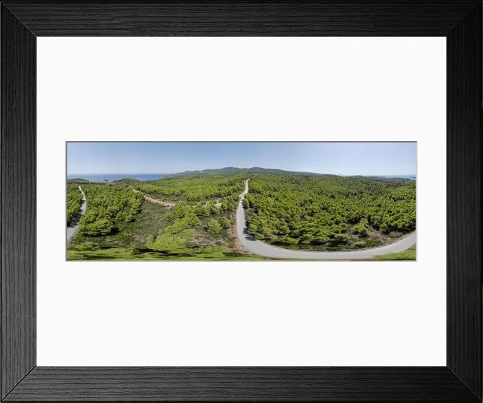 Framed Print : Drone aerial 360 panorama of curved road and forest Framed Print : Drone aerial 360 panorama of curved road and forest