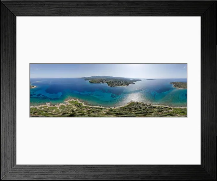Framed Print : Drone aerial 360 panorama of island near sea shore Framed Print : Drone aerial 360 panorama of island near sea shore