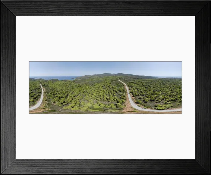Framed Print : Drone aerial 360 panorama of curved road and forest Framed Print : Drone aerial 360 panorama of curved road and forest