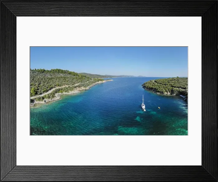 Framed Print : White sailing ship yacht at sea in shallow water near shore. Aerial drone view of sailboat Framed Print : White sailing ship yacht at sea in shallow water near shore. Aerial drone view of sailboat