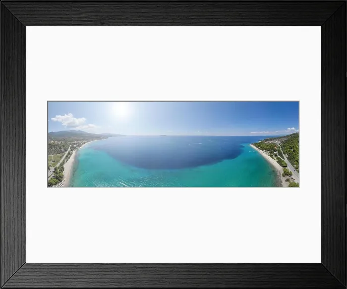 Framed Print : Drone aerial panorama of sea shore, sandy beach and blue water Framed Print : Drone aerial panorama of sea shore, sandy beach and blue water