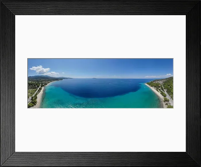 Framed Print : Drone aerial panorama of sea shore, sandy beach and blue water Framed Print : Drone aerial panorama of sea shore, sandy beach and blue water