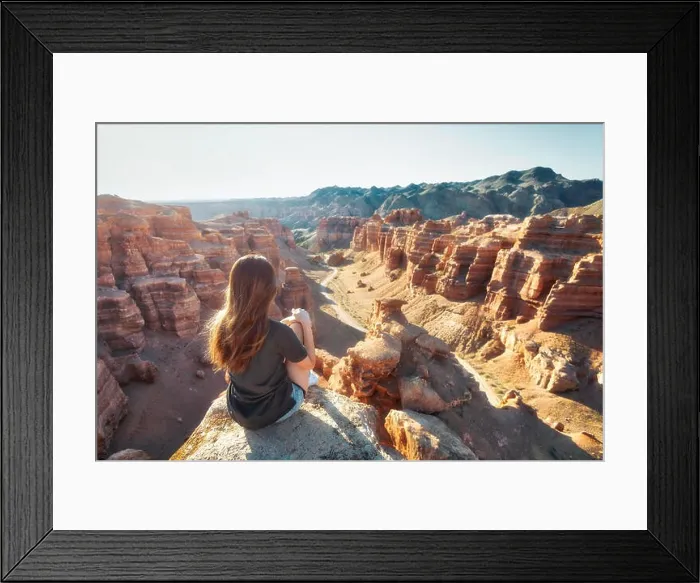 Framed Print : Girl Watching over Charyn Canyon in South East Kazakhstan taken in August 2018 taken in hdr