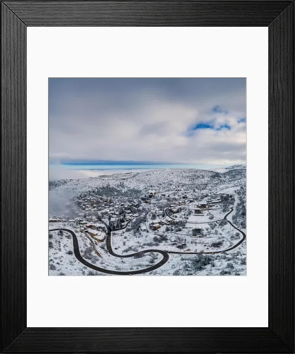Framed Print : Aerial View of Seli Traditional Greek Village Covered by Snow in Winter Morning Framed Print : Aerial View of Seli Traditional Greek Village Covered by Snow in Winter Morning