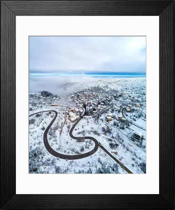 Framed Print : Aerial View of Seli Traditional Greek Village Covered by Snow in Winter Morning Framed Print : Aerial View of Seli Traditional Greek Village Covered by Snow in Winter Morning