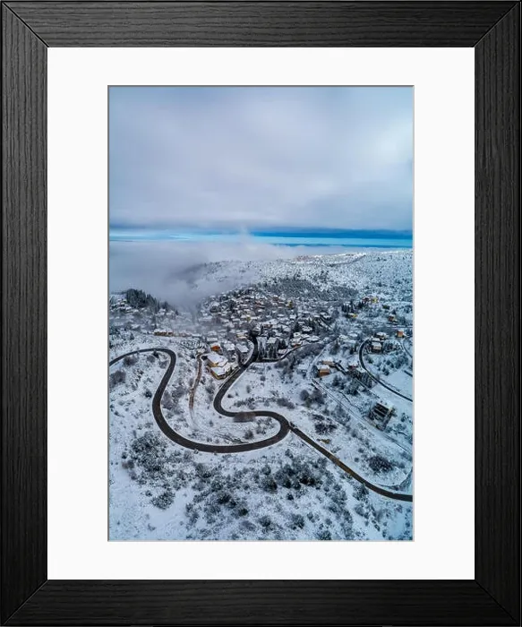 Framed Print : Aerial View of Seli Traditional Greek Village Covered by Snow in Winter Morning Framed Print : Aerial View of Seli Traditional Greek Village Covered by Snow in Winter Morning