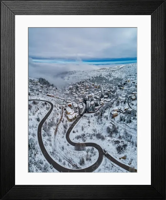Framed Print : Aerial View of Seli Traditional Greek Village Covered by Snow in Winter Morning Framed Print : Aerial View of Seli Traditional Greek Village Covered by Snow in Winter Morning