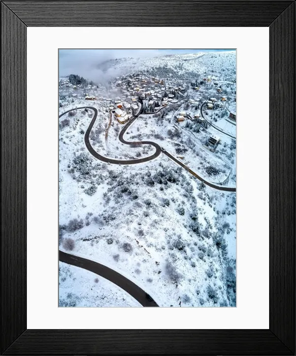 Framed Print : Aerial View of Seli Traditional Greek Village Covered by Snow in Winter Morning Framed Print : Aerial View of Seli Traditional Greek Village Covered by Snow in Winter Morning