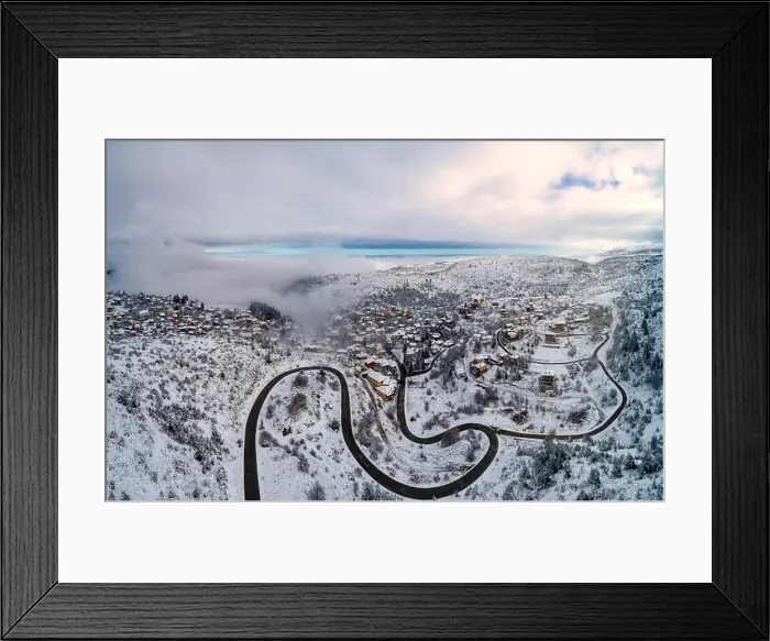 Framed Print : Aerial View of Seli Traditional Greek Village Covered by Snow in Winter Morning Framed Print : Aerial View of Seli Traditional Greek Village Covered by Snow in Winter Morning