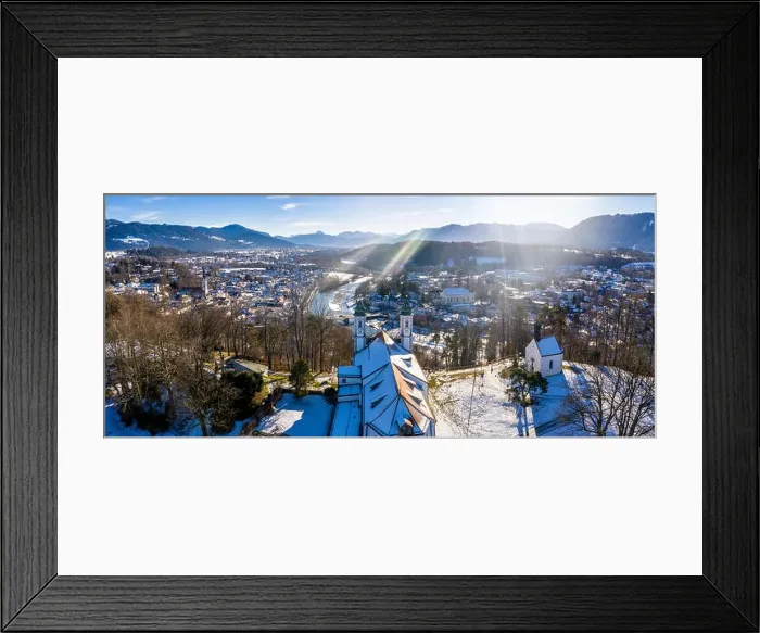 Framed Print : aerial famous old town of bad toelz kalvarienberg winter panoramic drone shot alps - bavaria - germany Framed Print : aerial famous old town of bad toelz kalvarienberg winter panoramic drone shot alps - bavaria - germany