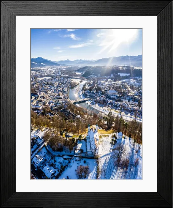 Framed Print : aerial famous old town of bad toelz kalvarienberg winter panoramic drone shot alps - bavaria - germany Framed Print : aerial famous old town of bad toelz kalvarienberg winter panoramic drone shot alps - bavaria - germany
