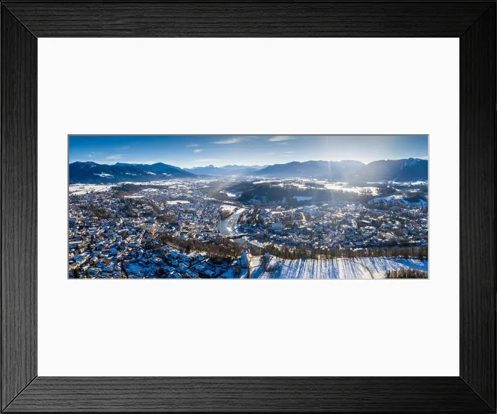 Framed Print : aerial famous old town of bad toelz kalvarienberg winter panoramic drone shot alps - bavaria - germany Framed Print : aerial famous old town of bad toelz kalvarienberg winter panoramic drone shot alps - bavaria - germany