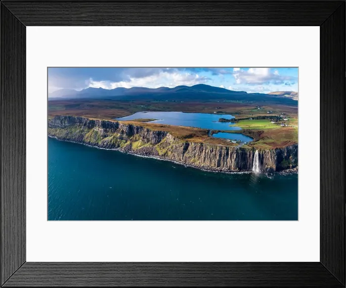 Framed Print : Aerial view of the dramatic coastline at the cliffs by Staffin with the famous Kilt Rock waterfall - Isle of Skye Framed Print : Aerial view of the dramatic coastline at the cliffs by Staffin with the famous Kilt Rock waterfall - Isle of Skye