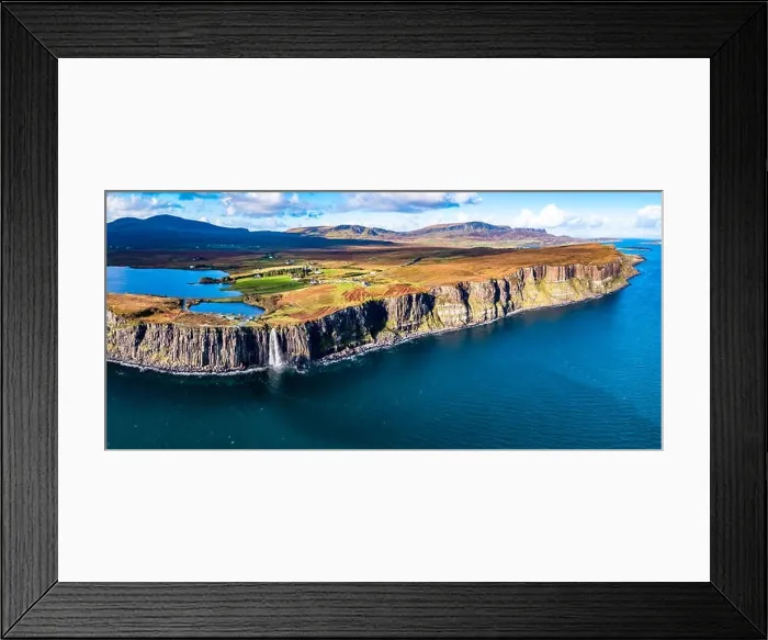 Framed Print : Aerial view of the dramatic coastline at the cliffs by Staffin with the famous Kilt Rock waterfall - Isle of Skye Framed Print : Aerial view of the dramatic coastline at the cliffs by Staffin with the famous Kilt Rock waterfall - Isle of Skye