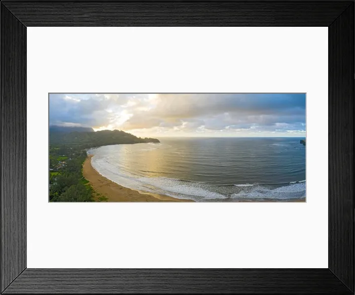 Framed Print : Hanalei Bay Beach Aerial Panorama Sunset Kauai Hawaii Tropical Vacation Destination