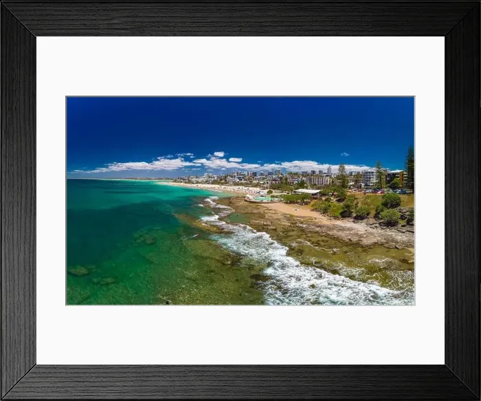 Framed Print : Aerial drone panoramic image of ocean waves on a busy Kings beach, Caloundra, Queensland, Australia Framed Print : Aerial drone panoramic image of ocean waves on a busy Kings beach, Caloundra, Queensland, Australia