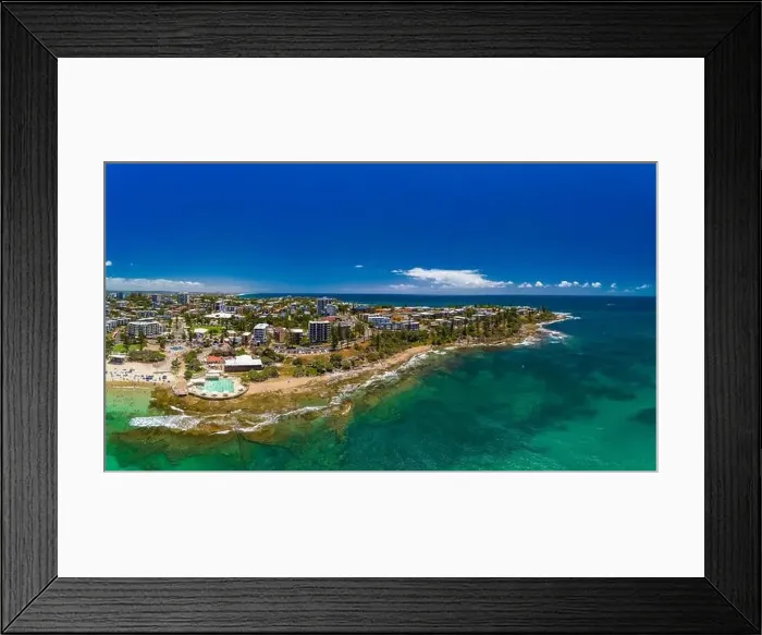 Framed Print : Aerial drone panoramic image of ocean waves on a busy Kings beach, Caloundra, Queensland, Australia Framed Print : Aerial drone panoramic image of ocean waves on a busy Kings beach, Caloundra, Queensland, Australia