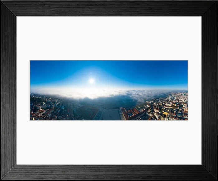 Framed Print : Aerial; panoramic drone view of foggy Lisbon morning; impending clouds over the ancient ginger roofs; blue skyline Framed Print : Aerial; panoramic drone view of foggy Lisbon morning; impending clouds over the ancient ginger roofs; blue skyline