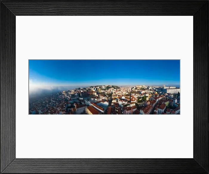 Framed Print : Aerial; panoramic drone view of foggy Lisbon morning; impending clouds over the ancient ginger roofs; blue skyline Framed Print : Aerial; panoramic drone view of foggy Lisbon morning; impending clouds over the ancient ginger roofs; blue skyline
