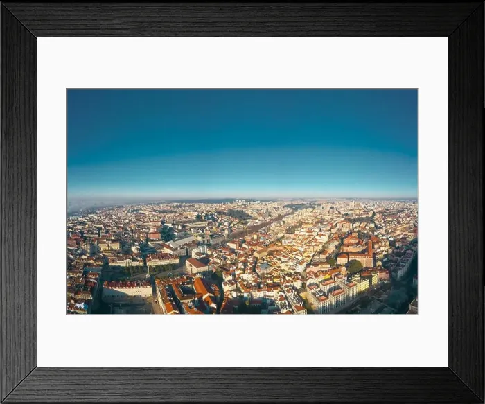 Framed Print : Aerial; panoramic drone view of foggy Lisbon morning; impending clouds over the ancient ginger roofs; blue skyline Framed Print : Aerial; panoramic drone view of foggy Lisbon morning; impending clouds over the ancient ginger roofs; blue skyline